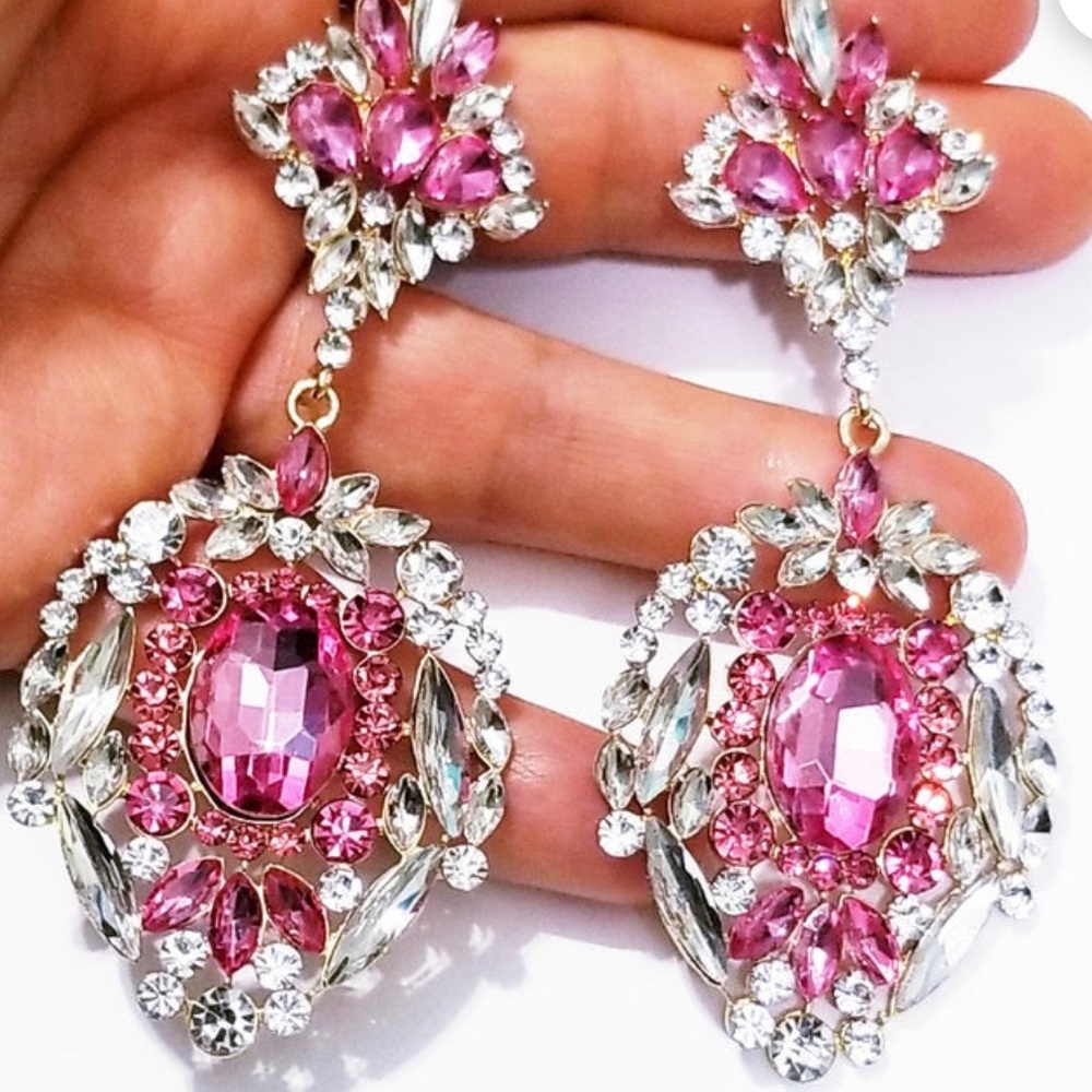 Pink Long Statement Earrings Pageants Proms